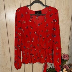Wishful Red Floral Wrap Blouse with Peplum Waist